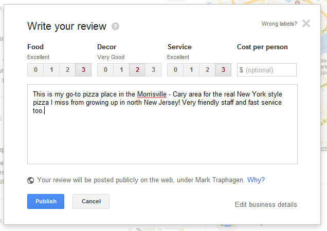 Google Plus Local search rating form