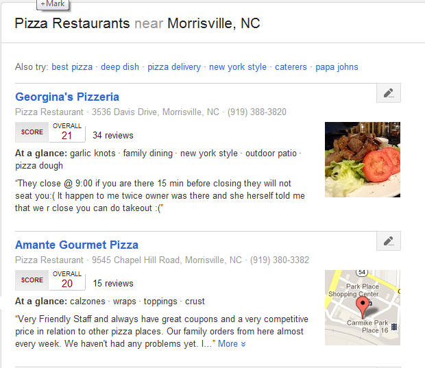 Google Plus Local search result for pizza