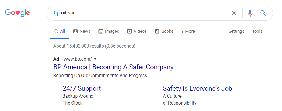 Screenshot of Ad Addressing Negative PR, Search Query "bp oil spill"