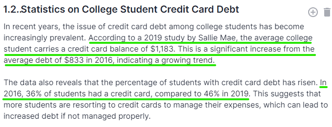 wordcrafter output on student credit card statistics