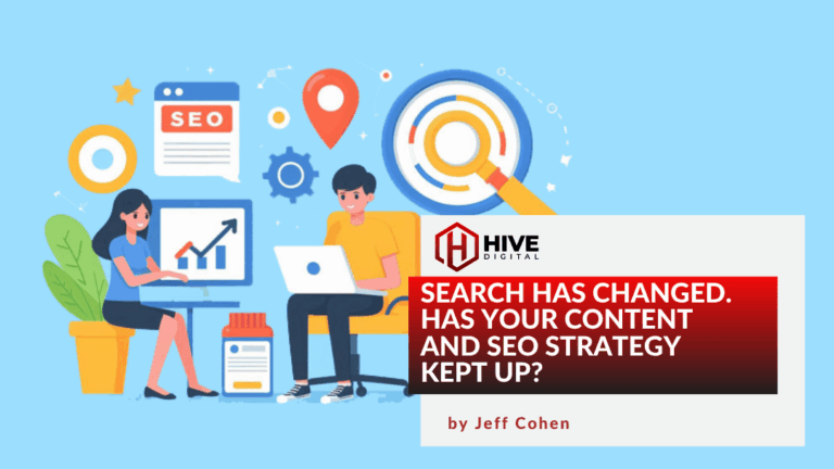 Cartoon of marketer using search for seo and ai