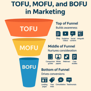 A funnel representation of TOFU MOFU and BOFU as it relates to marketing
