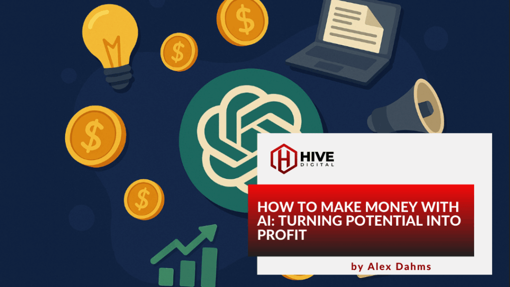 Dollar signs around a graph, laptop and AI logo