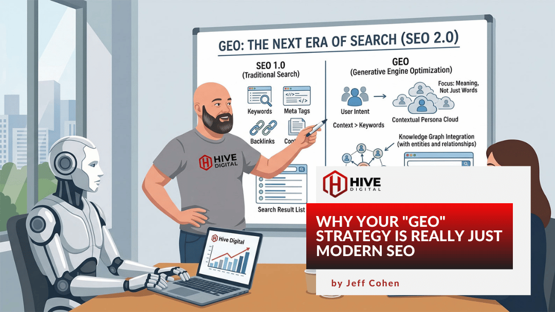 Guy pointing our on whiteboard why GEO is just SEO