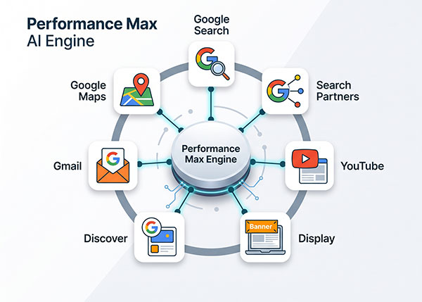 graphic of the platforms performance max uses.