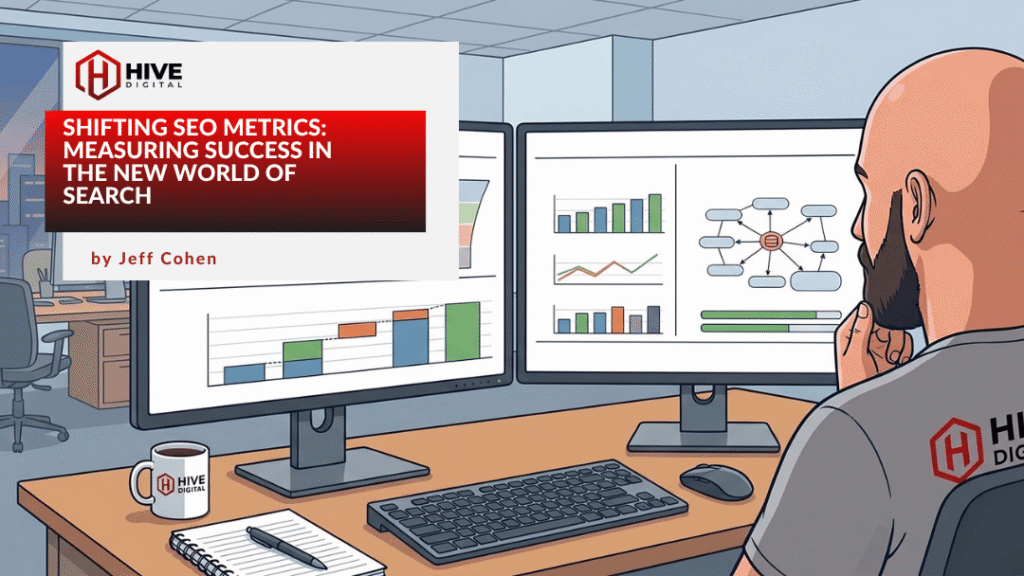 reviewing seo analytics on a desktop computer with two screens