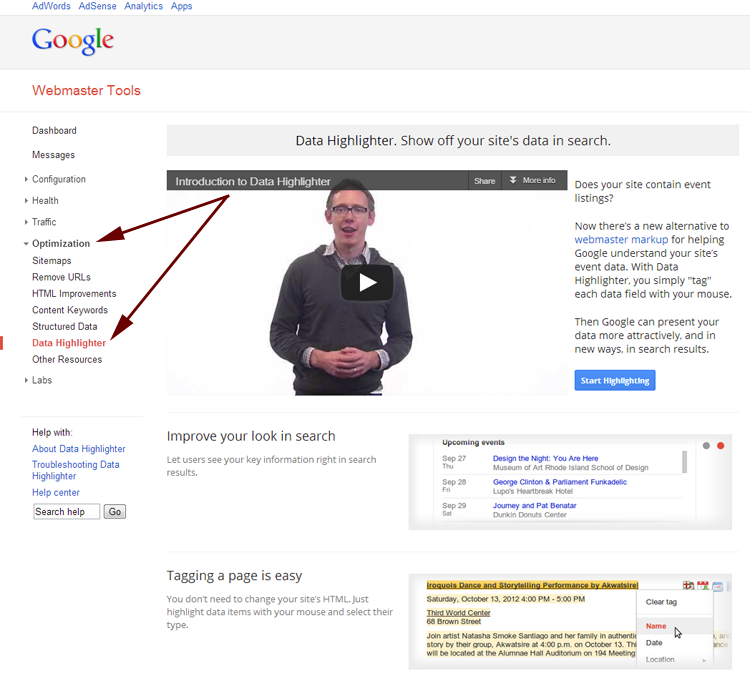 Google Webmaster Tools Data Highlighter
