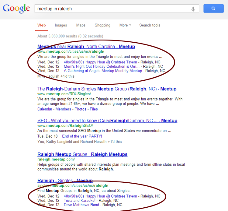 Meetup.com events in the Google SERP