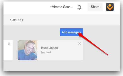 Google Plus Page add managers button